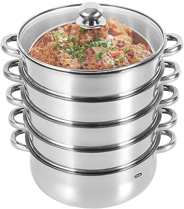 Vaporera de 28 cm, 5 niveles, acero inoxidable, con cubierta de cristal, olla de vapor para todo tipo de fuegos, olla de cuscús, olla para olla de cocción, olla a presión de inducción