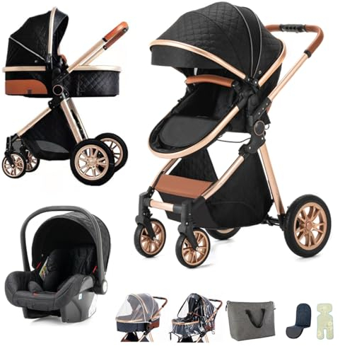 BEBBY Poussette 3 en 1, Poussettes Combinée Portable Pliant en Un Clic,Poussettes Citadines Avec Siège Auto, Poussette Canne Paysage Haut Cadre en Aluminium Pour Nouveau-né (Blackgold)