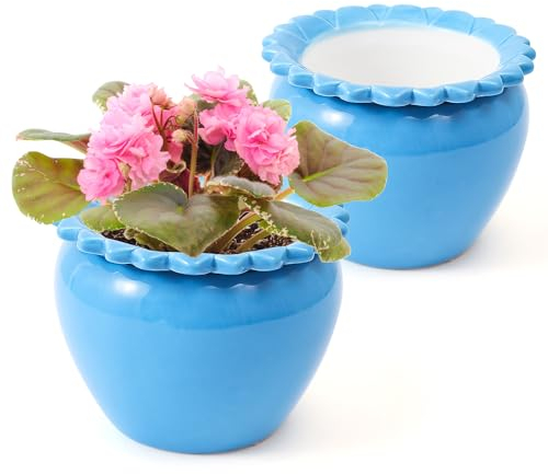 Lovely Ran 2 x afrikanische Veilchen-Töpfe, 16,5 cm, blaue Keramik, einfache Selbstbewässerung, Keramiktopf, hohe Absorption, Orchideen-Pflanzgefäß für Pflanzenliebhaber