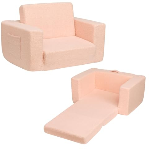 BEJOY Kindersofa Aufklappen 2-in-1 Schlafsofa, Kindersessel, Teddyfell Kinder Couch Sofa Ausklappbar für Kinderzimmer Kindertags- und Geburtstagsgeschenk für Mädchen und Jungen, Nebelrose