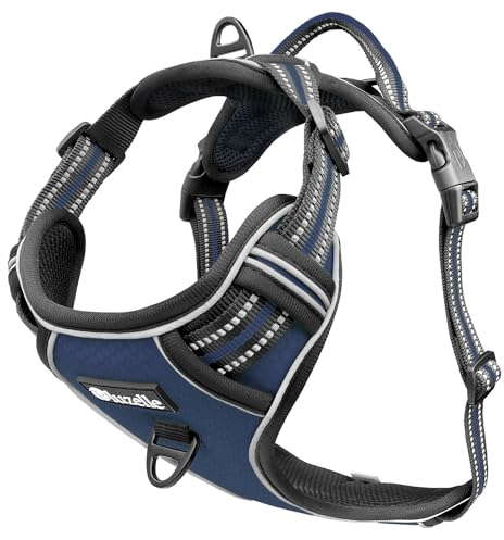 bluzelle Hundegeschirr für große Hunde, Reflektierendes Brustgeschirr mit Griff & Tasche für GPS Tracker, Anti-Zug Hundeweste Hund-Warnweste, Atmungsaktiv Reflektor-Gurte, XL, Blau