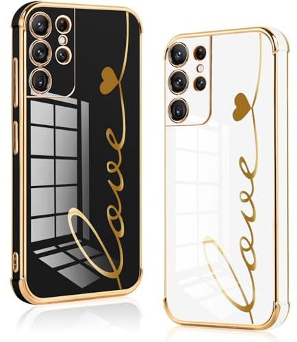 Vauki 2 Stück für Samsung Galaxy S21 Ultra 5G Hülle, Silikon Handyhülle TPU Herz Motiv Schutzhülle Kameraschutz Stoßfest Case,Jungen und Mädchen Love Cover für Samsung S21 Ultra 5G, Black and White