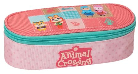PRESTIGE & DELUXE Federmäppchen mit Reißverschluss, Animal Crossing, Rosa, oval + kostenloser Schlüsselanhänger mit Pailletten und farbigem Stift, mehrfarbig, piccolo, Klassisch