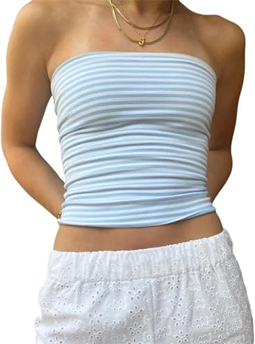 Cioatin Women Strapless Striped Bandeau Tube Tops Y2K Aesthetic Sleeveless Backless Crop Tank Going Out Summer Girls Blue White