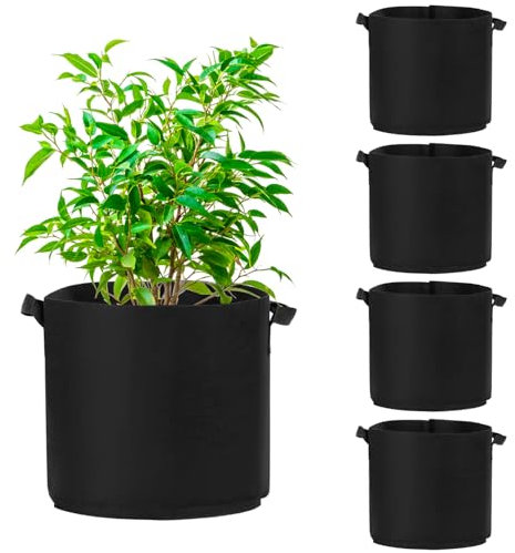 QWORK® 7 Gallon Plant Grow Bags, Fabric Pots Growing Bags with Handle, Thickened Plant Grow Bags for Vegetables, Flowers, Herbs, 5 Pieces, Black