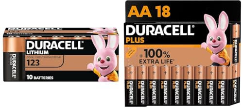 Batterie DURACELL CR123 (confezione da 10) al litio ad alta potenza da 3 V & Batterie Plus AA (pacco da 18) - Alcalina 1.5V - Fino al 100% di extra durata