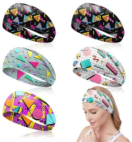 UILYNIU Kopftücher mit Retro-Druck weich, 80er-/90er-Jahre, Damen-Accessoires, Neon-Bandana, Stirnband, Yoga, Sport, Haarbänder, Party, Wandern, Radfahren, Laufen, Haarschmuck (5 Stück, M)