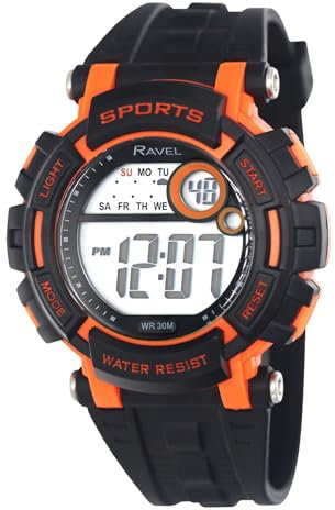 Ravel - Runde 3ATM- Digital-Herren-Quarz-Armbanduhr mit Beleuchtung - RDG.14.19 - Schwarz/Orange