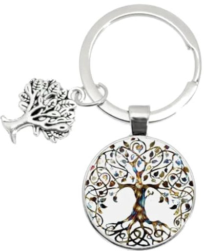 Portachiavi tascabile a doppia anella in acciaio inossidabile tema famiglia amore con albero della vita e cuori. Accessorio Unisex, Ottima idea Regalo! (albero della vita 4)