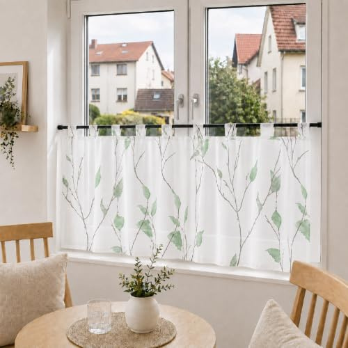 Joyswahl Scheibengardinen Landhausstil Weiß Küchengardinen Grün 45x90cm | Voile Bistrogardine mit Schlaufen, Kurzstores mit Blatt- und Blumenmuster, Kurzgardine, Fenstergardinen Transparent, 1er Pack