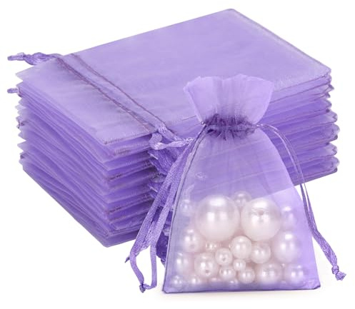 G2PLUS 100 Stück Flieder Organzasäckchen 7x9cm: Kleine Geschenk Organzabeutel, Organza-Beutelchen mit Kordelzug Sie als Hochzeit Bonbonsbeutel, Schmuckbeutel, Geschenkbeutel