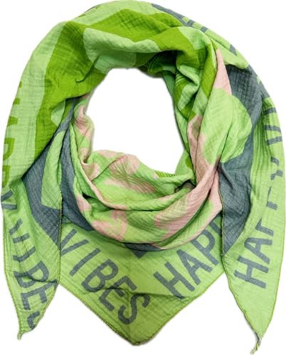XL Dreieck Strickschal Herz Leopard Frühling Schal 100% Baumwolle Made in Italy Fashion Tuch Dreieckschal Stola Herbst Frühling Tuch Leo Love is Love Happy (Happy Grün)