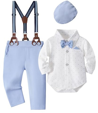 Volunboy Bebé Niño Caballero Conjunto, Cuadros Camisa con Pajarita + Tirantes Pantalones + Boina 5 Piezas Traje Ropa(3-6 meses,Azul Cielo,Tamaño 59)