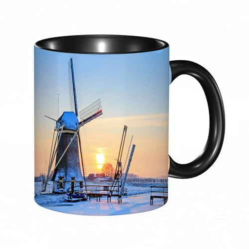 HRRASFAZF Tasse Kaffeetassen,Große 330ml Mit Henkel 100% Handbemalt kaffeebecher porzellan,Windmühlendekoration, gefrorener Winterblick, Windmühle in Holland,Frauen,Jahrestag,Muttertag