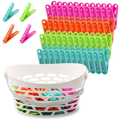 48 Pack Clothes Pegs with Basket - Extra Strong Windproof Clothing Pegs for Washing Line - Rust-Proof Plastic Laundry Pegs & Peg Basket Set for for Home and Garden (Multiple Colours)