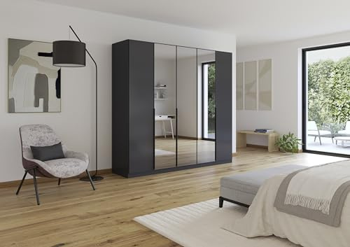 Rauch Möbel Skyla, Kleiderschrank, Farbe Grau metallic, Breite 226 cm | Schrank, 5-türig, mit Grauspiegel, für Schlafzimmer, Kinderzimmer, Jugendzimmer, Wohnzimmer, Garderobe, Flur