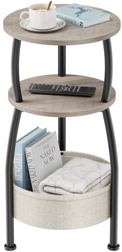 Yuede Round Side Table for Living Room with Storage Basket, 11.81in