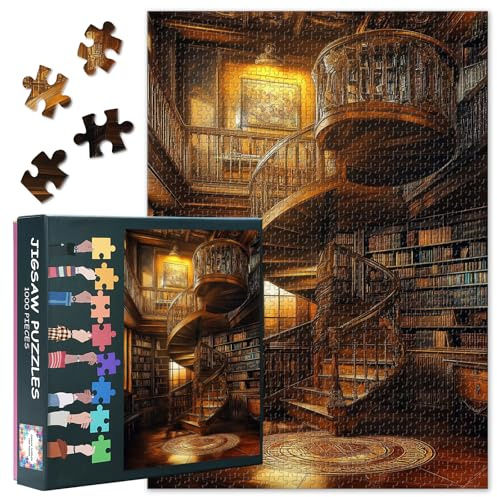 Vintage Bibliothek 1000 Teile Puzzle für Erwachsene, Bücher | 1000-teiliges Puzzle mit Poster & Buchstaben; für Buchliebhaber, gemütliche Lesestunden oder Wanddeko. 70 x 50 cm
