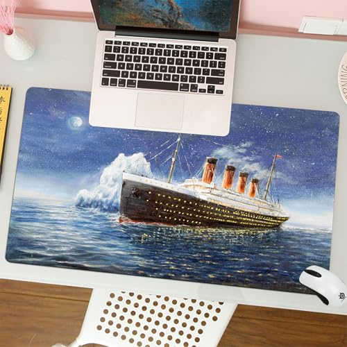QRFASFZO Großer Mauspad - 80x30cm Gaming-Mauspad mit genähten Kanten, Nicht rutschender Unterlage,Original-Ölgemälde der Titanic und eines Eisbergs im Ozean bei Nacht auf L,Schreibtischmatte und Maus