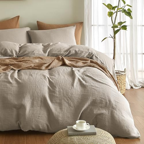 Bailix Premium Musselin Bettwäsche Sets 220x240 3 teilig 100% Baumwolle atmungsaktiv & bügelfrei Bettbezüge 220x240cm + 2er Kissenbezüge 80x80cm Oeko-Tex Bettwäsche-Sets mit Knöpfe Beige