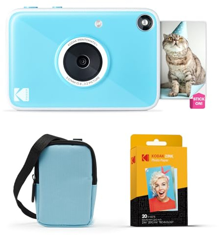 KODAK Printomatic+ Instant Print Digital Camera Starter Bundle + Carrying Case (Blue) + Zink 20pk Sticky-Back Photo Paper - 10MP, Full-Color Photos, GB LED Status Indicator - Blue