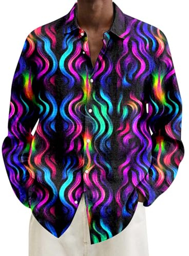 Glitzer Hemd Herren Langarm Pailletten Bluse 70er 80er Jahre Outfit Glänzend Glitzerhemd Casual Button Down Hemdbluse Disco Karneval Mottoparty 2026 Silvester Nachtklub Glitzeroberteil Herrenhemd
