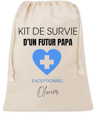 Kit de Survie Futur Papa Personnalisé avec prénom en Coton, Pochon Cadeau, 34 x 23 cm