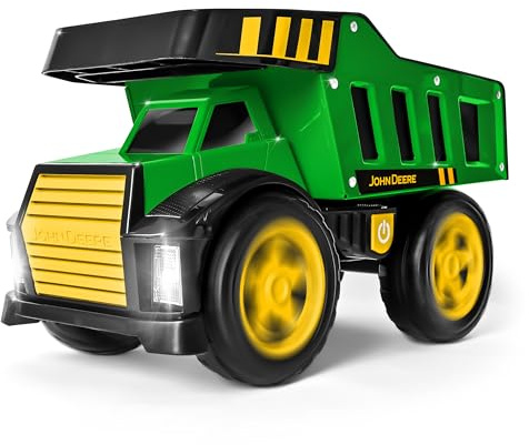 John Deere 40,6 cm Metall-Kipplaster, realistische Lichter und Geräusche, Robustes Metall-LKW-Bett, extra große Räder, Robustes Baufahrzeug-Spielzeug für Kinder, ab 3 Jahren, Spielen für drinnen und
