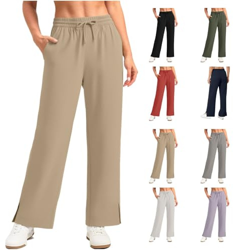Wide Leg Pants for Women UPF 50+ Skin Protection Sunscreen Pant High Waist Drawstring Trousers with Pockets Khaki