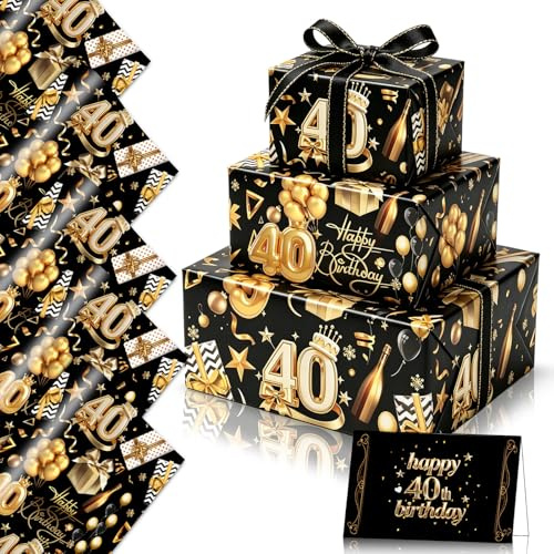 5er Schwarz Gold Geschenkpapier 40 Geburtstag für Männer Frauen,70x50cm Geschenkpapier Happy Birthday 40.Geburtstag Geschenktüte mit Geschenkband Geburtstagskarte für 40.Geburtstag Geschenkverpackung