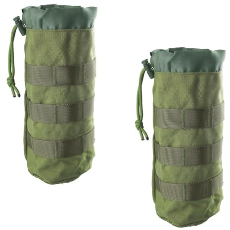 wellrun 2PCS Molle Water Bottle Holder,Tactical Nylon Hydration Pouch for Outdoor, Hiking, Camping, Cycling, Adjustable with Drawstring and Mesh Bottom,Green