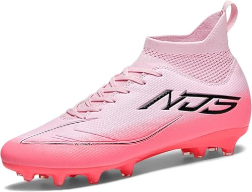 FGNINIY Chaussures de Football Homme High Top Spike Crampons Profession Foot Antidérapants Entrainement Adolescents Chaussures de Sport,Rose,EU44