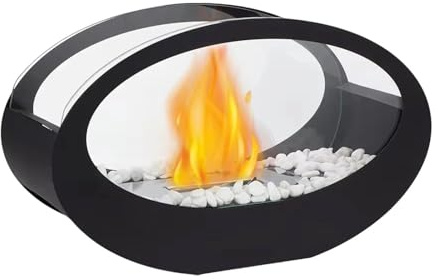 Mini-Tischfeuer - Gehäuse aus gehärtetem Glas in elliptischer Form, windgeschützt | Desktop-Kamin | für Terrasse, Garten, Esstisch, Balkon, Wohnzimmer und Arbeitszimmer