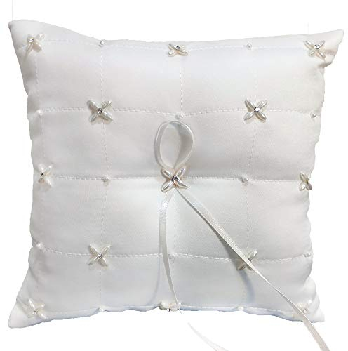 Ringkissen Hochzeit, Creme mit Strass und Perlen, 20 x 20 cm Kissen für Trauringe Traukissen