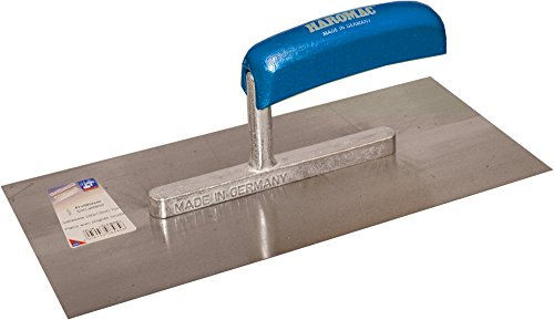 HAROMAC Glättekelle Made in Germany | 280x130x0,7mm | gehärteter Stahl | Blauer Holzgriff | Profiqualität | Glätter | Traufel | Glättscheibe
