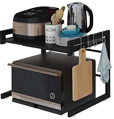 Luchs – Mikrowellenhalterung/Regal, Mikrowellenhalterung, Mikrowellenständer, Mikrowellen Ständer/Organizer mit 3 Hacken, Microwave Holder/Mikrowellenregal grössenverstellbar (Schwarz, Classic)