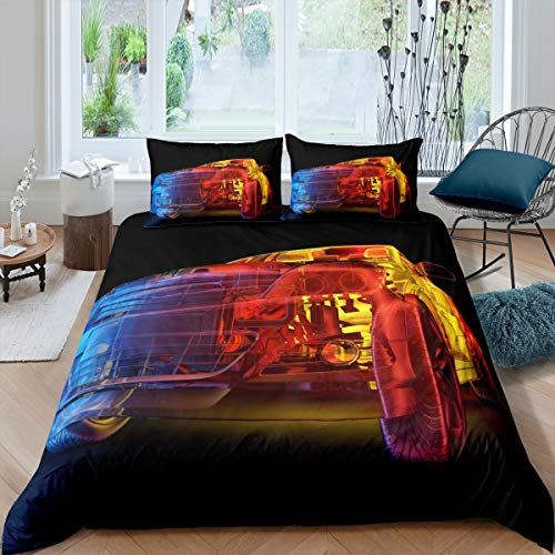 Tbrand 3D Auto Betten Set Sportwagen Bedrucktes Bettwäsche Set 155x220cm für Kinder Jungen Mädchen Cool Speed Rennwagen Bettbezug Set Extremsport Atmungsaktive 2St