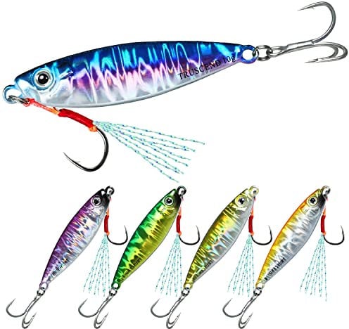 TRUSCEND Metal Fishing Jigs 10g-200g with Flat BKK Hooks, Slow/Fast Pitch Jigging Spoon Lure, Flat Fall/Vertical Sea jig, Saltwater Fishing Lures for Tuna Grouper Snapper Striper Salmon Kingfish