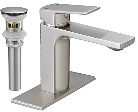 Robinet de salle de bain en nickel brossé à poignée unique avec bonde pop-up et lignes d'alimentation pour camping-car