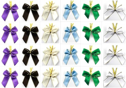 24 Stück Lurex-Glitzer-Schleifen Weihnachtsbaum 6 cm mit Befestigungs-Clip (Weiss+Creme+Hellblau+Schwarz+Flieder+Gruen)