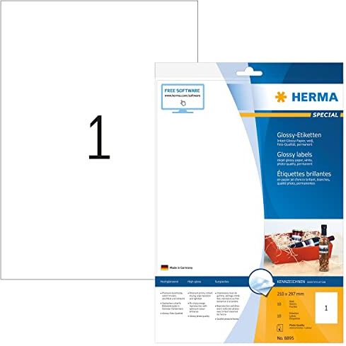 HERMA 8895 Hochglanz Etiketten für Inkjet Drucker, 320 Blatt, 210 x 297 mm, 1 pro A4 Bogen, 320 Stück, selbstklebend, bedruckbar, glänzend, blanko Klebeetiketten Aufkleber für Tintenstrahldrucker weiß