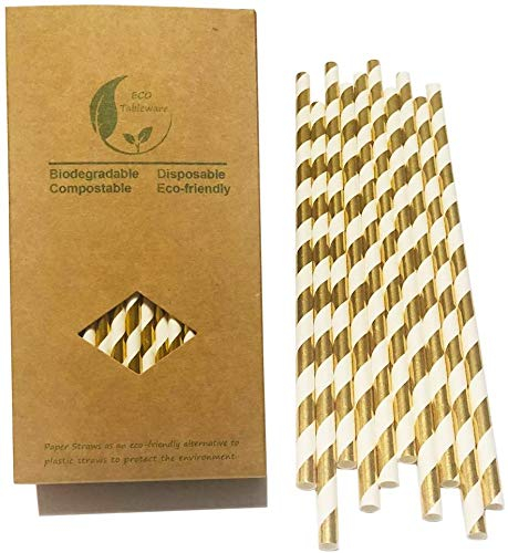 Lot de 100 Pailles en Papier Rayées Dorées Brillantes, 100% Biodégradables Dorées Pailles de Qualité Supérieure pour Cocktail, Mariage, Anniversaire, Fête