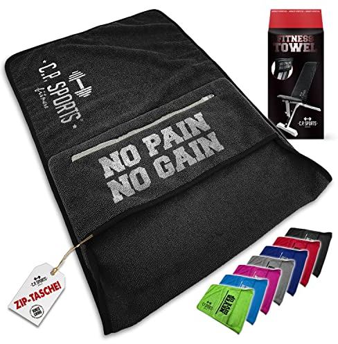 C.P.SPORTS Fitness Toalla de mano de microfibra | fijación + bolsa con cremallera | gimnasio entrenamiento deportivo | extra suave, lavable, larga y grande | para mujeres y hombres | color gris oscuro