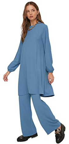 Trendyol Damen Women Plain Elastic Waist Detailed Woven Tunic Modest Top-Bottom Sets Hemd, Blue, 64 (2er Pack)