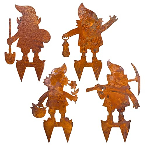 4-teiliges Set Gartenzwerge Gartenstecker Zwerg GNOME 38x26cm Gartendeko Blumenstecker Rost Edelrost, Deko rostiges Metall für Garten Balkon