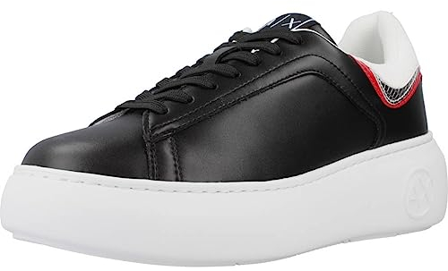 Armani Exchange Damen Smooth Leather, Silver Detail, Circular Logo Sneaker, Black/Red/White, 37.5 EU