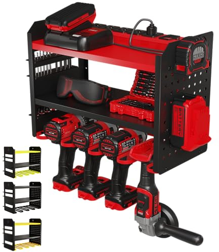 BUILTSTRONG Power Tool Organizer Wall Mount - 3-Tier Heavy-Duty Metal Hand Tool Storage Rack, Utility Racks, Drill Holder, PegBoard Side, & More - Garage Storage Cordless Tool Organizer (Red)