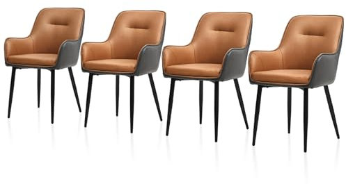 TUKAILAi Set of 4 Dining Chairs with Arms Brown Grey Faux Leather Kitchen Chairs with High Back and Metal Legs, Reception Chair for Occasional Lounge Living Room Accent Bedroom