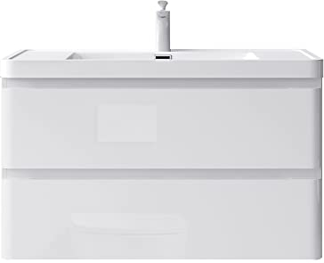 doporro Mobile da Bagno Sospeso 90 cm Bianco Effetto Legno con Lavabo in Marmoresin, Mobile Sottolavabo con 2 Cassetti Soft-Close | Lucca