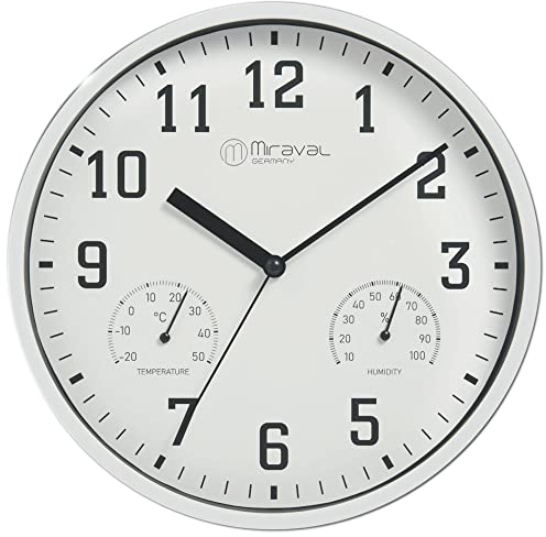 Miraval Wanduhr Thermometer Hygrometer 250 mm Küchenuhr Wohnzimmer Luftfeuchtigkeit Temperaturanzeige Analog Bürouhr Moderne Wanduhr (Weiß)
